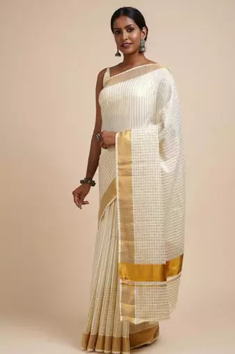 white zari viscose rayon kasavu saree with blouse