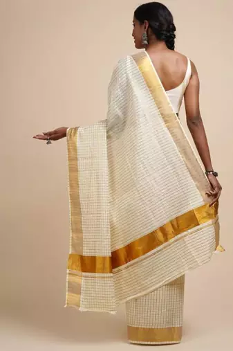 white zari viscose rayon kasavu saree with blouse