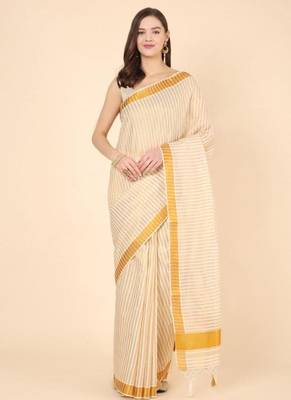 off white striped zari pure cotton kasavu saree with blouse 1