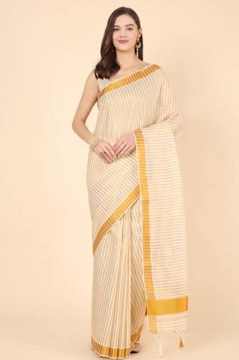 off white striped zari pure cotton kasavu saree with blouse