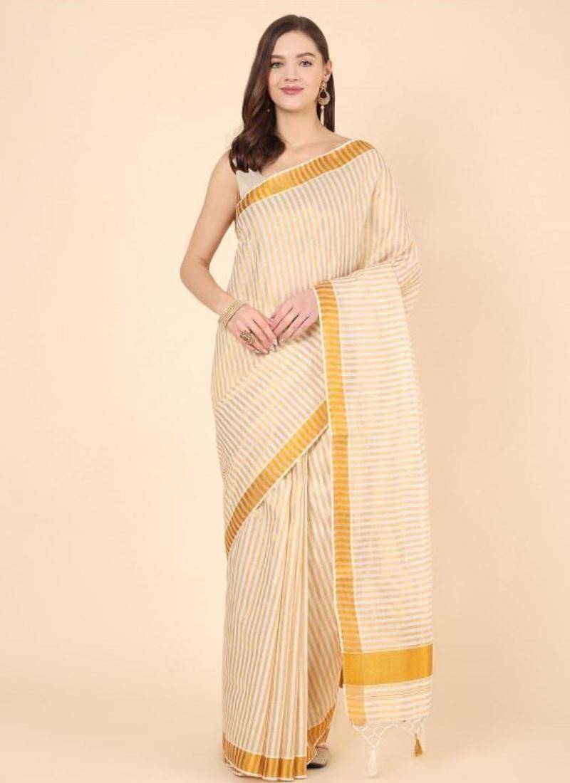off white striped zari pure cotton kasavu saree with blouse
