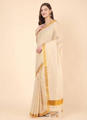 off white striped zari pure cotton kasavu saree with blouse 2