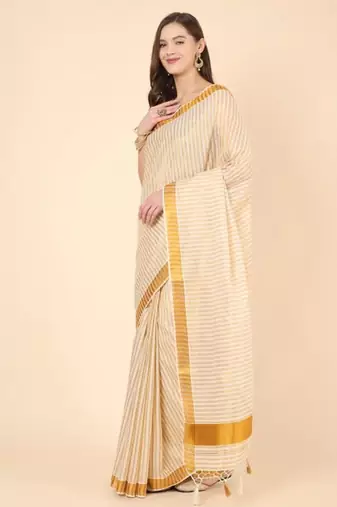 off white striped zari pure cotton kasavu saree with blouse
