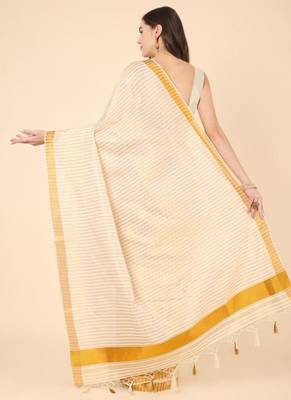 off white striped zari pure cotton kasavu saree with blouse 3