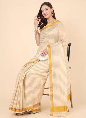 off white striped zari pure cotton kasavu saree with blouse 4