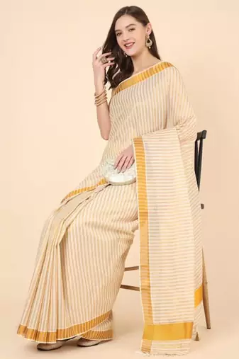 off white striped zari pure cotton kasavu saree with blouse