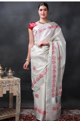 star white printed auspicious pots kasavu cotton silk saree