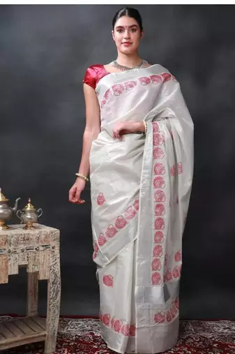 star white printed auspicious pots kasavu cotton silk saree