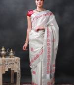 star white printed auspicious pots kasavu cotton silk saree