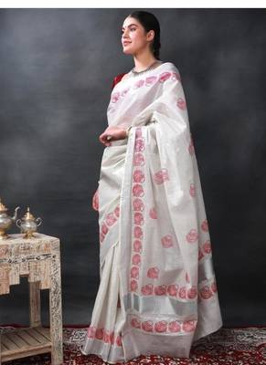 star white printed auspicious pots kasavu cotton silk saree 2