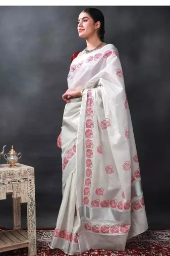 star white printed auspicious pots kasavu cotton silk saree