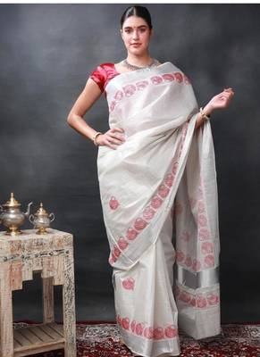 star white printed auspicious pots kasavu cotton silk saree 4