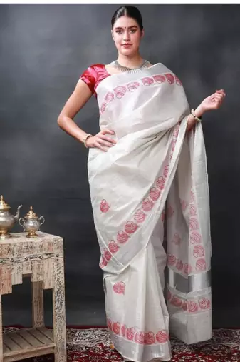 star white printed auspicious pots kasavu cotton silk saree