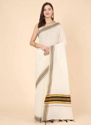 off white zari cotton kasavu saree with blouse 1