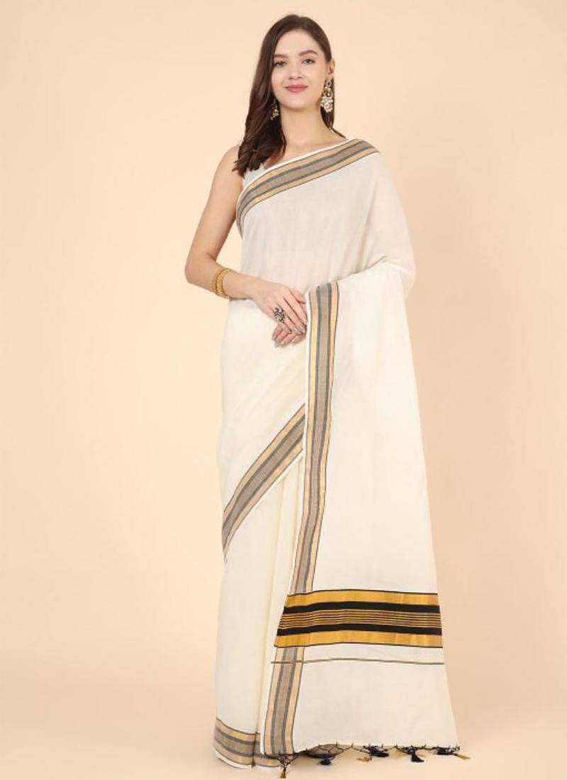 off white zari cotton kasavu saree with blouse
