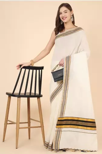 off white zari cotton kasavu saree with blouse