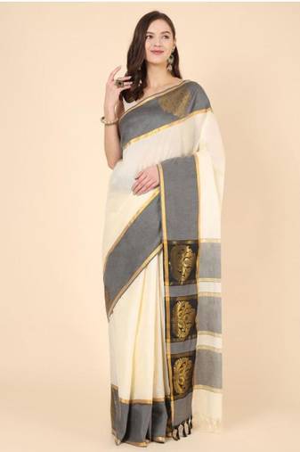 white jaali pure cotton kasavu saree with blouse piece