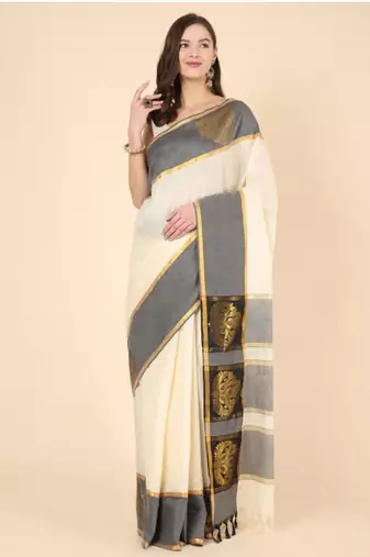 white jaali pure cotton kasavu saree with blouse piece