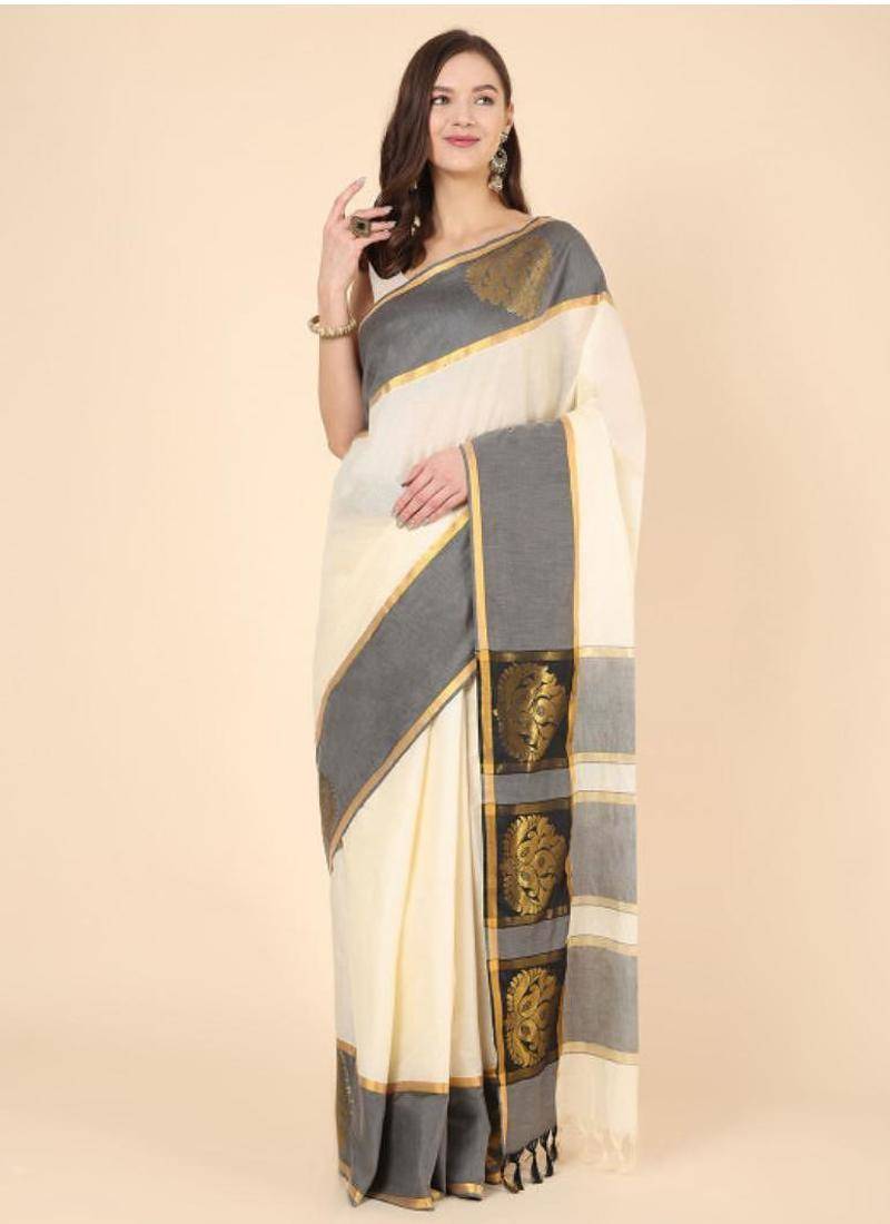 white jaali pure cotton kasavu saree with blouse piece
