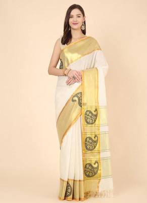 off white zari pure cotton kasavu saree for haldi function 1