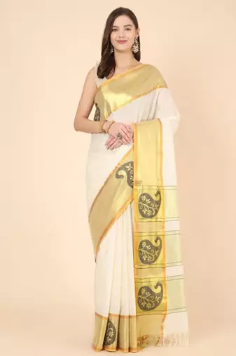 off white zari pure cotton kasavu saree for haldi function