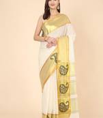 off white zari pure cotton kasavu saree for haldi function