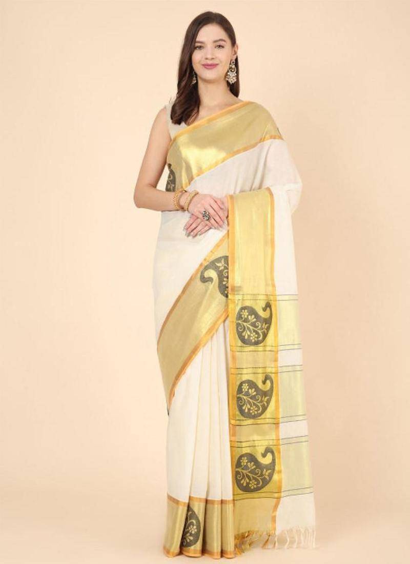 off white zari pure cotton kasavu saree for haldi function