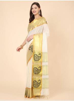 off white zari pure cotton kasavu saree for haldi function 2