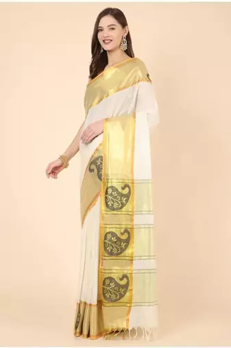 off white zari pure cotton kasavu saree for haldi function