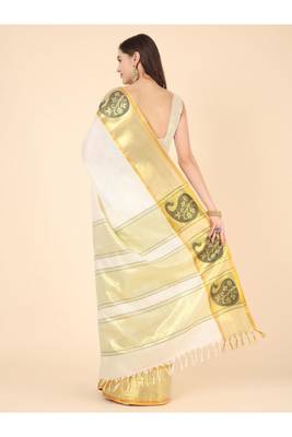 off white zari pure cotton kasavu saree for haldi function 3