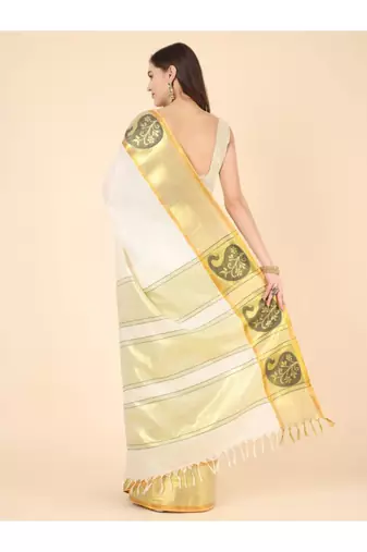 off white zari pure cotton kasavu saree for haldi function