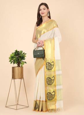 off white zari pure cotton kasavu saree for haldi function 4