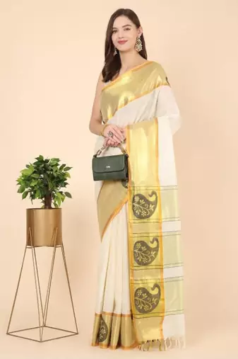 off white zari pure cotton kasavu saree for haldi function