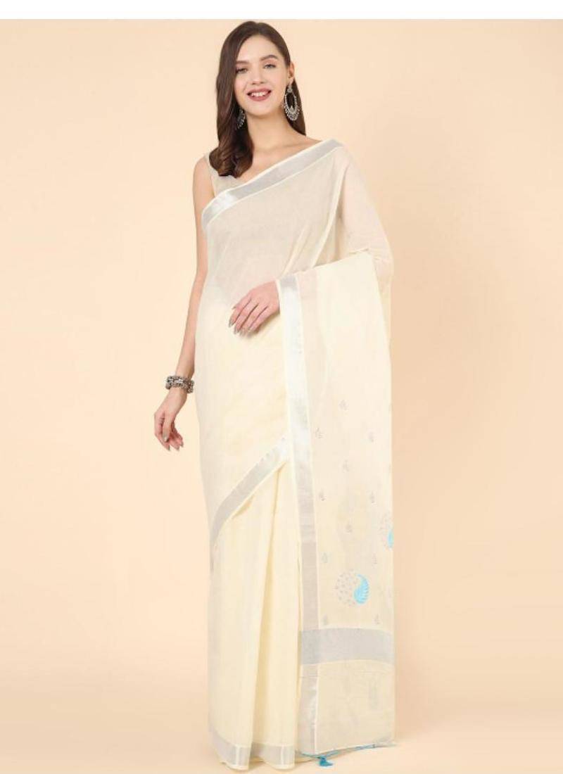 off white zari pure cotton kasavu saree for onam