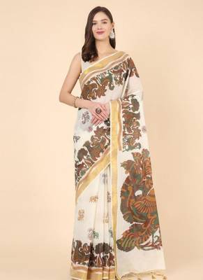 off white zari pure cotton kasavu saree with floral designs 1