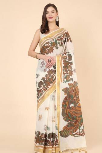 off white zari pure cotton kasavu saree with floral designs