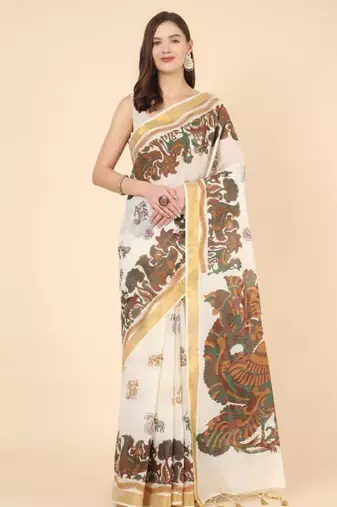 off white zari pure cotton kasavu saree with floral designs