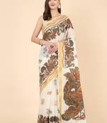 off white zari pure cotton kasavu saree with floral designs