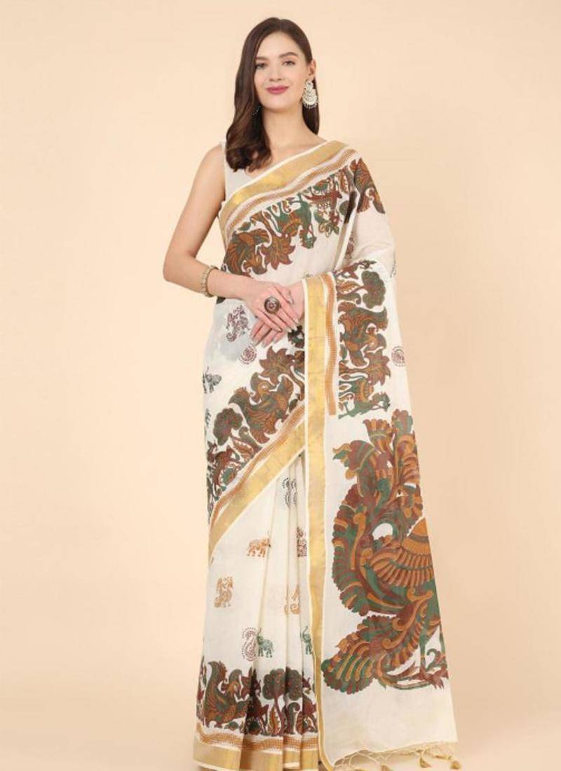 off white zari pure cotton kasavu saree with floral designs
