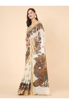 off white zari pure cotton kasavu saree with floral designs 2