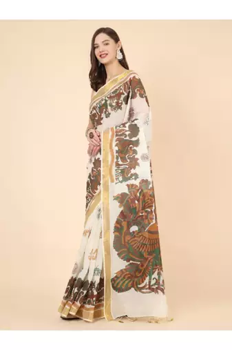 off white zari pure cotton kasavu saree with floral designs