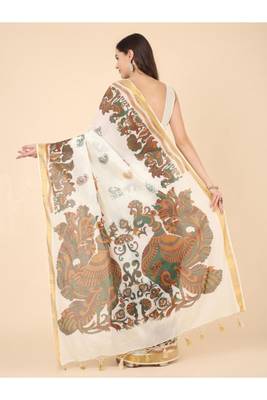 off white zari pure cotton kasavu saree with floral designs 3