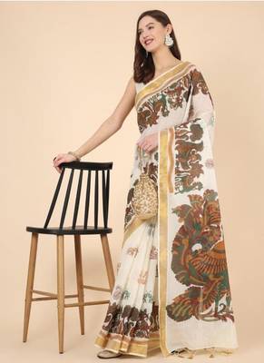 off white zari pure cotton kasavu saree with floral designs 4
