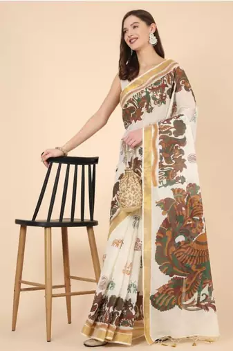 off white zari pure cotton kasavu saree with floral designs