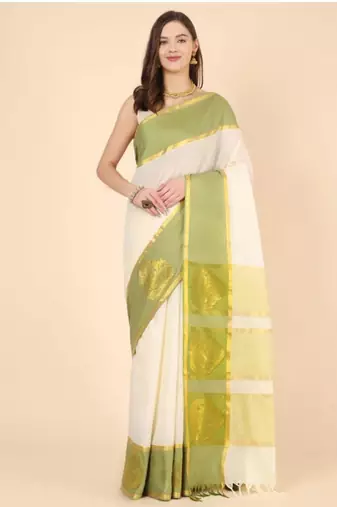 off white zari pure cotton kasavu saree for mehendi function