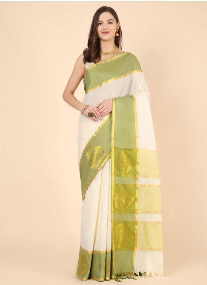 off white zari pure cotton kasavu saree for mehendi function