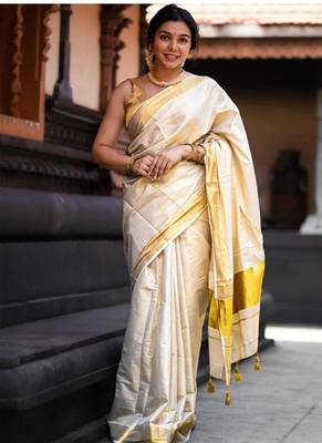 off white zari woven border pure cotton kasavu saree with blouse 1