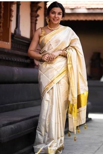 off white zari woven border pure cotton kasavu saree with blouse