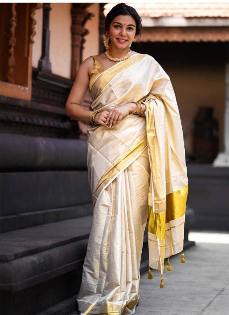 off white zari woven border pure cotton kasavu saree with blouse