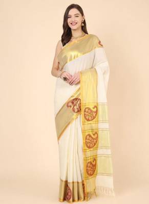 off white zari work pure cotton kasavu saree without blouse 1